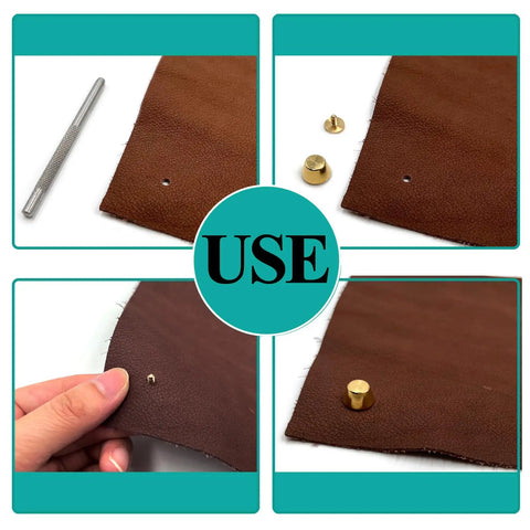 Hella Durable Gold Brass Rivet Studs For Handbags And Purses Heavy Duty Screw Back Feet shown installed on leather fabric.