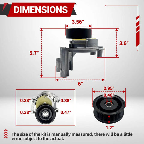 Premium 90K-38488 Serpentine Belt Tensioner Idler Pulley Kit That Fits Toyota Land Cruiser Sequoia 4Runner Tundra And Lexus LX470 GX470 LS430 GS430 SC400 Perfect Fix For Your V8 Engine Belting Needs Without Breaking The Bank Today. black pulley kit dimensions shown