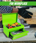 10 Inch Mini Portable Steel Tool Box With Drawer In Green For Garage Or Workbench Lightweight Metal Tool Chest Rust Proof Steel With Green Powder Coat open with tools on table
