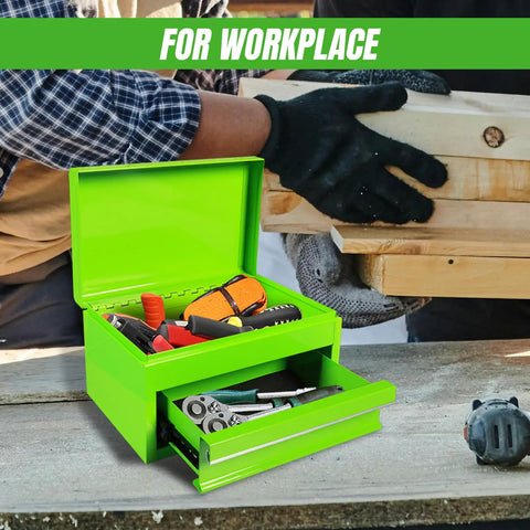 10 Inch Mini Portable Steel Tool Box With Drawer In Green For Garage Or Workbench Lightweight Metal Tool Chest Rust Proof Steel With Green Powder Coat open with tools on table