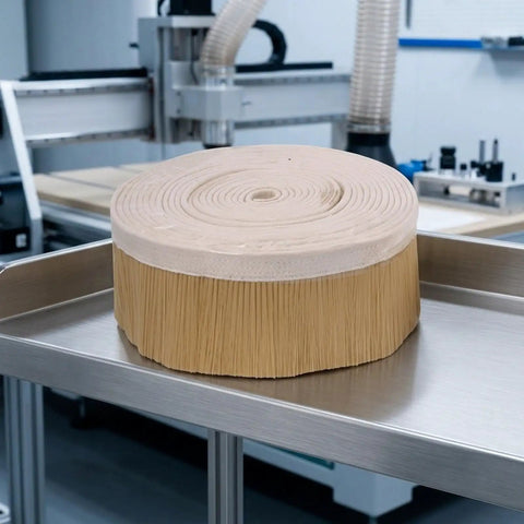 Clean Sweep Cnc Vacuum Brush 100Mm By 1M Length for Milling and Engraving Gear on a metal tray.