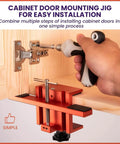 Universal Cabinet Door Mounting Jig for Easy Hinge Alignment and Drilling Template in use on wooden cabinet