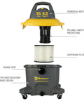 Contractor Series Pro Wet Dry Vac For Heavy Duty Jobsite Cleanup Sixteen Gallon Workhorse with labeled motor and filter components