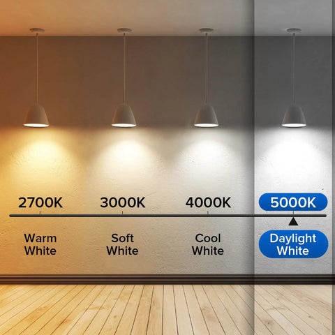 Comparison of 2700K, 3000K, 4000K, and 5000K light color temperatures under three hanging lamps.