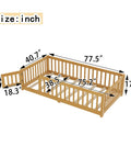 Twin Montessori Floor Bed Frame In Natural Pine With Attached Safety Fence Gate Low Profile design dimensions with measurements in inches.