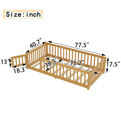 Twin Montessori Floor Bed Frame In Natural Pine With Attached Safety Fence Gate Low Profile design dimensions with measurements in inches.
