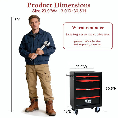 Heavy Duty Rolling Tool Chest With Locking Wheels And Ball Bearing Drawers, Metal Black Tool Box beside man holding wrench.