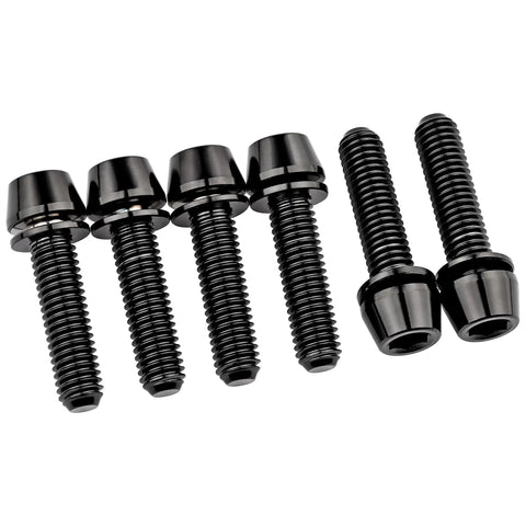 Badass Grade 5 Titanium Stem Bolts With Integrated Washers M5X18MM black hex socket fasteners arranged in a row.