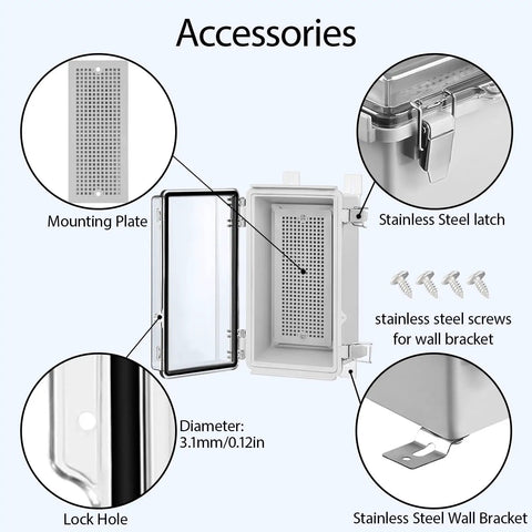 All-Weather Electrical Junction Box With Hinged Clear Cover Heavy-Duty ABS Enclosure IP67 Waterproof with accessories shown