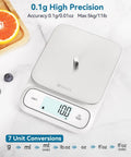 Waterproof IPX6 kitchen scale with backlit display, ultra precise 0.1 g and 0.01 oz, 5 kg, 11 lb capacity, stainless steel platform.