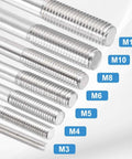 Various sizes of stainless steel double-ended stud screws labeled M3 to M12, including Six Piece M8x65mm Double Ended Stud Screws Set in 304 Steel.