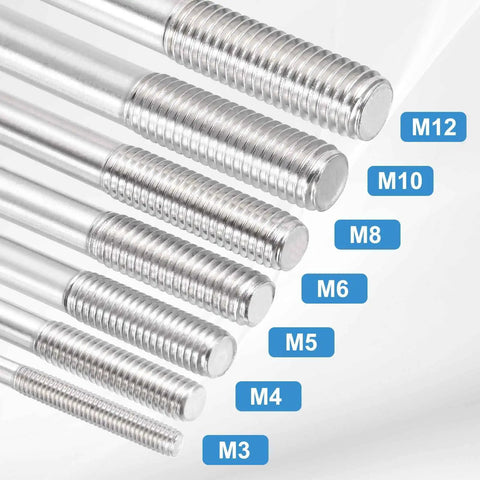 Various sizes of stainless steel double-ended stud screws labeled M3 to M12, including Six Piece M8x65mm Double Ended Stud Screws Set in 304 Steel.