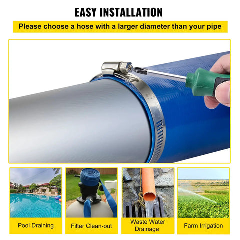 Heavy Duty PVC Lay Flat Discharge Hose 3 Ft By 105 Ft With Clamps For Pool Backwash And Water Transfer Weather Resistant Burst Proof