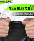 Hands gripping Heavy Duty 56 Gallon Black Trash Bags 100 Count, showcasing 1.5 Mil puncture resistant material.