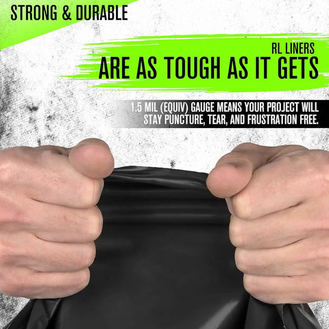 Hands gripping Heavy Duty 56 Gallon Black Trash Bags 100 Count, showcasing 1.5 Mil puncture resistant material.