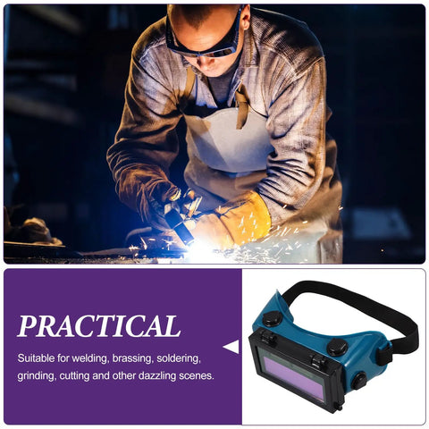 Heavy Duty Auto Darkening Welding Goggles With Clear Blue Lens For Arc And TIG Welding Pro Grade Eye Protection Gear in use during welding.