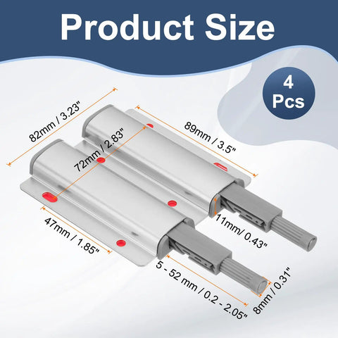 Product size dimensions of Magnetic Push Latches 4 Pack Double Push To Open Hidden Cabinet Touch Latches with silver finish.