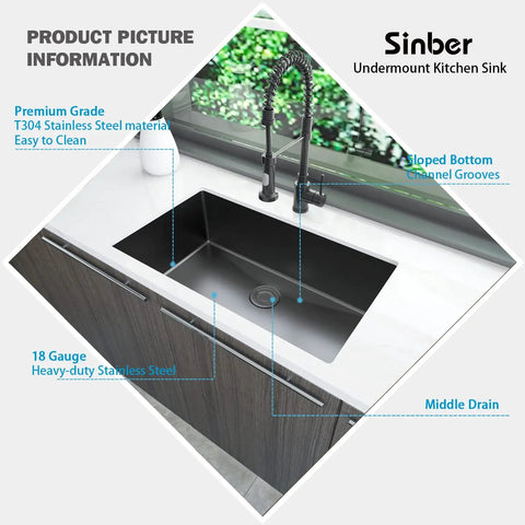 Undermount Single Bowl Kitchen Sink 32 By 19 By 10 Inches, 18 Gauge 304 Stainless Steel With Black Finish installed in countertop