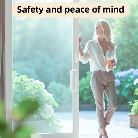 Heavy Duty White Gliding Door Thumb Latch Replacement For Andersen Patio Doors shown on a glass door with a user holding a drink.