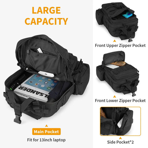 Rugged Tactical Molle Sling Bag With Single Strap For Men EDC Everyday Carry Pack open to show laptop pocket and compartments.