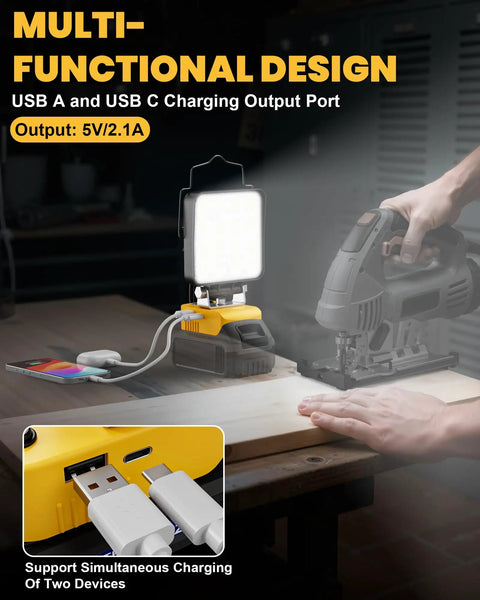 Beast Cordless LED Work Light With 112W 11200LM Output, Pivoting Head At 140 Degrees illuminating workspace with USB ports