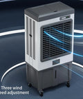 Dead Quiet Portable Swamp Cooler With Massive 180 Liter Tank And Three Adjustable Fan Speeds Evaporative Air Conditioner, side view showing fan and control panel.
