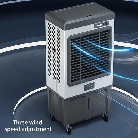 Dead Quiet Portable Swamp Cooler With Massive 180 Liter Tank And Three Adjustable Fan Speeds Evaporative Air Conditioner, side view showing fan and control panel.