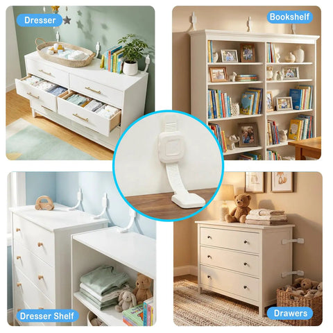 Heavy Duty No Drill Furniture Anchors For Baby Proofing With Upgraded Adhesive Straps securing furniture in kids' rooms.