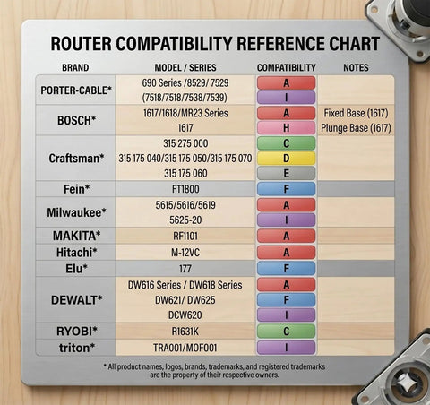 Router compatibility reference chart showing various brands and models like PORTER-CABLE, BOSCH, and compatibility ratings.