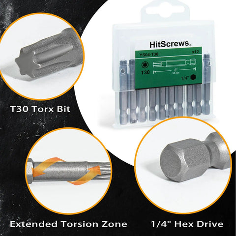 2 Inch Magnetic T30 Torx Bits Set With One Quarter Inch Hex Shank, S2 Steel Screwdriver Bits, CNC Precision Tips, 10 Pack In Slide Out Storage Case