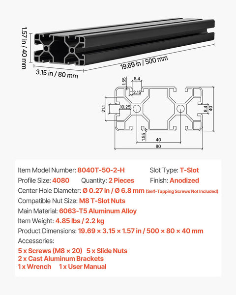 Two Pack 4080 Aluminum Extrusion Profile 19.69 Inch 500 Mm T Slot European Standard Anodized Linear Rail High Strength Extruded Aluminum Rail For 3D Printer Parts And CNC DIY Workbench Black, 6063-T5, 80x40 mm
