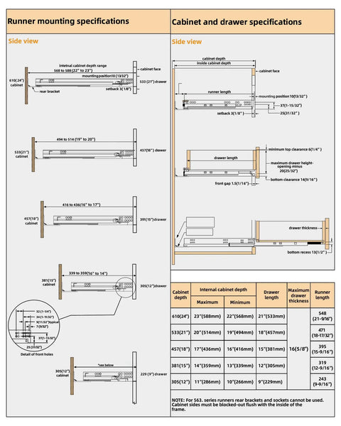 One Pair 15 Inch 5D Undermount Soft Close Drawer Slides With Full Extension, Locking Device, Rear Mount Brackets, Concealed Bottom Mount Rails, Face Frame Cabinet Runners, 100 Lb Load Capacity, Plus Easy 5D Tilt And Height Adjust. Technical cabinet and drawer dimensions chart.