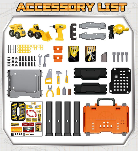 Kids Tool Bench With Electric Drill And Construction Vehicles 2 In 1 Workbench And Toolbox For Ages 3 To 5 STEM Learning Toys parts
