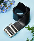 Vinyl Gait Belt Transfer for 60 Inch Assistance Devices with Metal Buckle, black safety belt on blue background with flowers