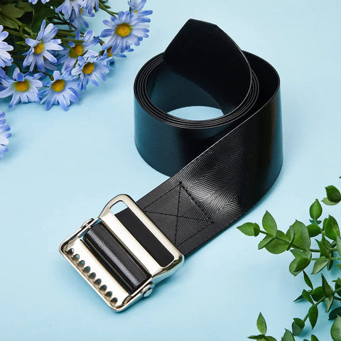Vinyl Gait Belt Transfer for 60 Inch Assistance Devices with Metal Buckle, black safety belt on blue background with flowers