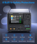 36V 8A Benchtop Power Supply With Ultra Low Ripple Under 10mV Aluminum Case USB A And Type C Ports, safety features displayed