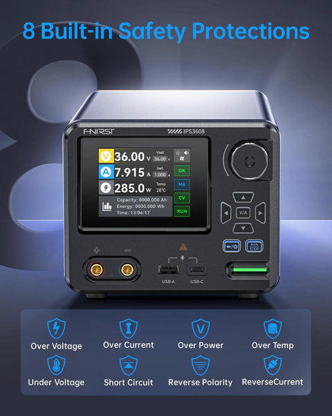 36V 8A Benchtop Power Supply With Ultra Low Ripple Under 10mV Aluminum Case USB A And Type C Ports, safety features displayed