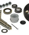 Beefy Five Bolt On Four And A Half Inch Hub Assembly With Flanged Tapered Spindle From One And Three Eighths Inches To One And One Sixteenths Inches And Bearings Included For Heavy Duty Trailer And Vehicle Hub Performance, shown with bearings and lug nuts
