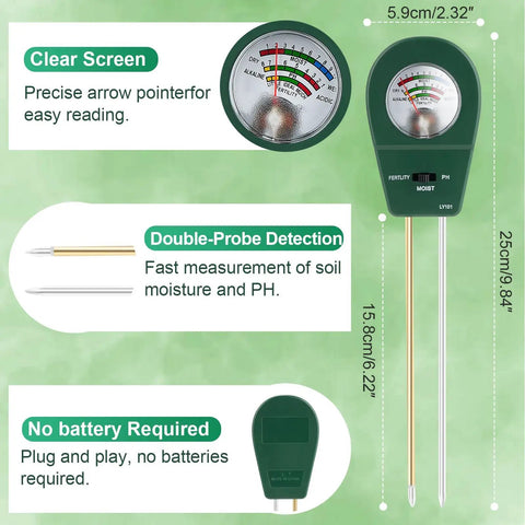 All In One Soil Tester For pH, Moisture, And Fertility With Fast Accurate Readings For Indoor Outdoor Gardens Battery Free Plant Health Meter showing clear screen and probes