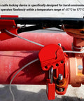 Heavy Duty 1.8M Adjustable Cable Lockout Fits 4 Locks securing red pipes, designed for extreme temperature resilience and safety.