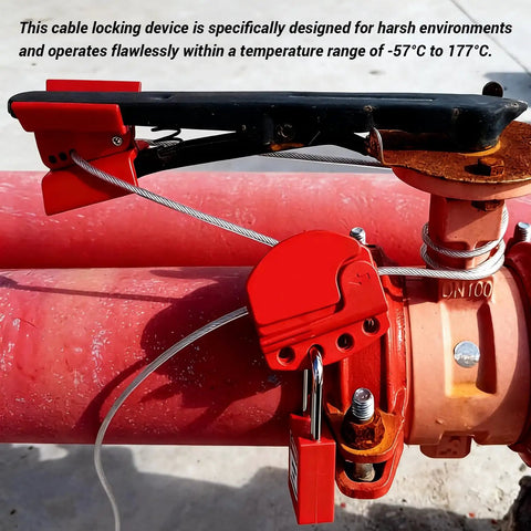 Heavy Duty 1.8M Adjustable Cable Lockout Fits 4 Locks securing red pipes, designed for extreme temperature resilience and safety.