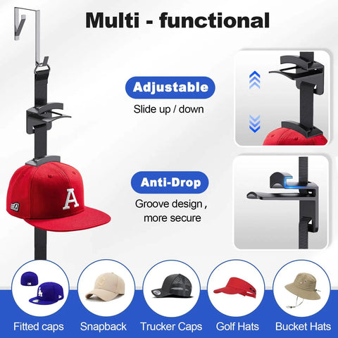 Door Hat Rack With Two Way Hanging And Display Hooks For Baseball Caps Over The Door Hat Organizer For Bedroom Entryway Or Garage Doors Space Saving Hat Hanger That Keeps Caps In Place And Clutter Free, adjustable hooks and anti-drop feature