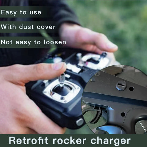 Close-up of hands adjusting a remote control joystick with a retrofit USB charger detail inset.