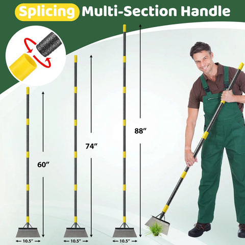All In One Garden Flat Shovel With A 60 Inch Long Handle Heavy Duty Floor Scraper demonstration with splicing handle and measurements