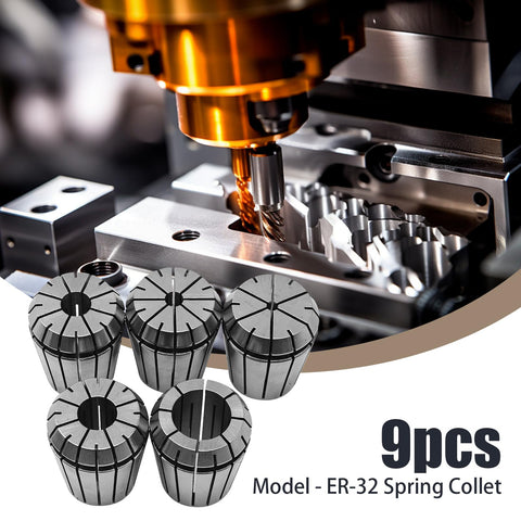 Close-up of CNC machine using 9 Piece ER32 Spring Collet Set for milling, showing heavy duty spring steel collets