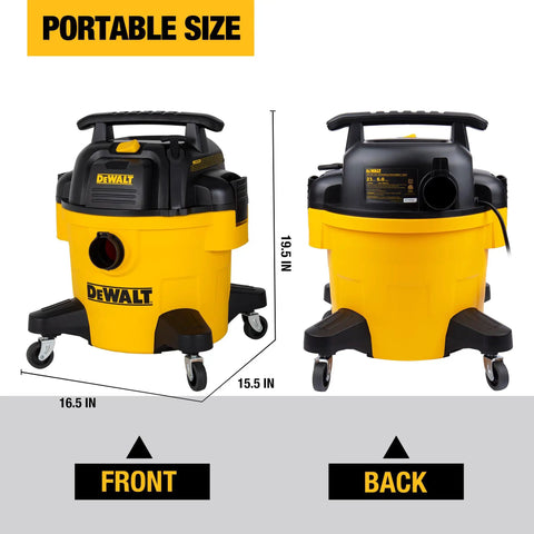 Front and back view of 4 Peak HP 6 Gallon Wet And Dry Shop Vacuum With Blower Function, yellow and black, on wheels