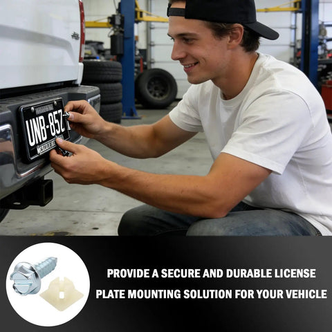 Man installing Heavy Duty License Plate Screws Set With Nylon Inserts For Front And Rear Bolts Anti Rust 4 Pack on vehicle