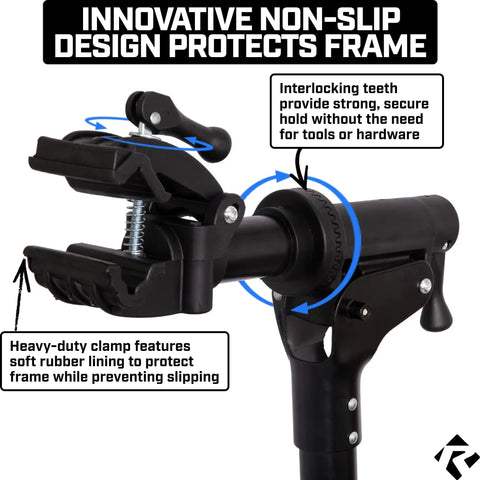 Close-up of interlocking clamp on Beefed Up Heavy Duty Bike Repair Stand With Storage Bag Adjustable Height Up To 30 Inches 360 Degree