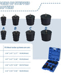 Front view of turbo boost leak tester kit with four stepped adapters A-D in black plastic and blue case.