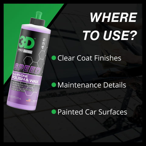 All In One Car Polish And Wax That Corrects Scratches And Swirls Provides Clear Coat Safe Sealant And A High Gloss Finish Easy One Step Application 16oz Made In USA bottle with usage suggestions.